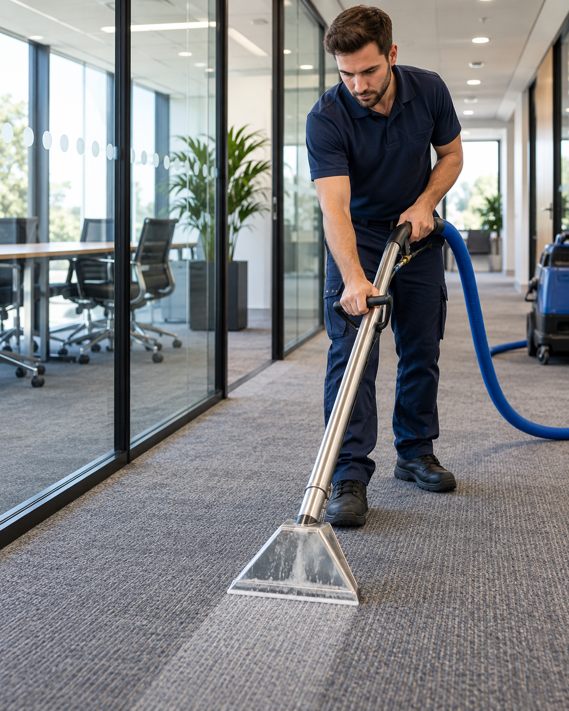 Technician cleaning carpet in a modern office
